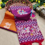 Orange color soft raw silk saree with woven design - Image 2