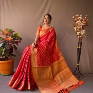 Red color kanchipuram silk saree with zari woven work