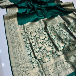 Dark green color soft kanchipuram silk saree with golden zari weaving work