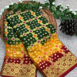 Mahendi green and red color hand bandhej silk saree with zari weaving work