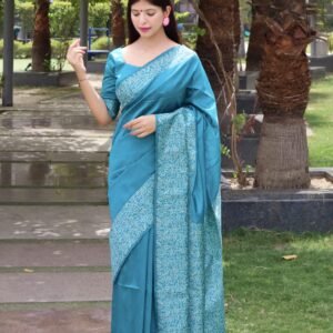 Firoji color raw silk saree with woven design