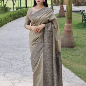 Cream color raw silk saree with woven design