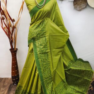 Mahendi green color raw silk saree with woven work
