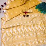 Yellow color Jamdani woven raw silk saree with zari weaving work