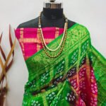 Pink and green color hand bandhej silk saree with zari weaving work - Image 2