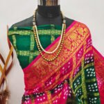 Green and pink color hand bandhej silk saree with zari weaving work - Image 2