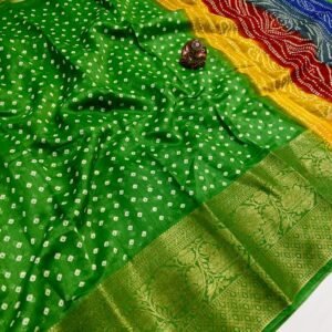 Green color cotton silk saree with bandhej printed work