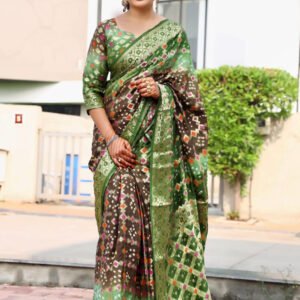 Brown and green color hand bandhej silk saree with zari weaving work