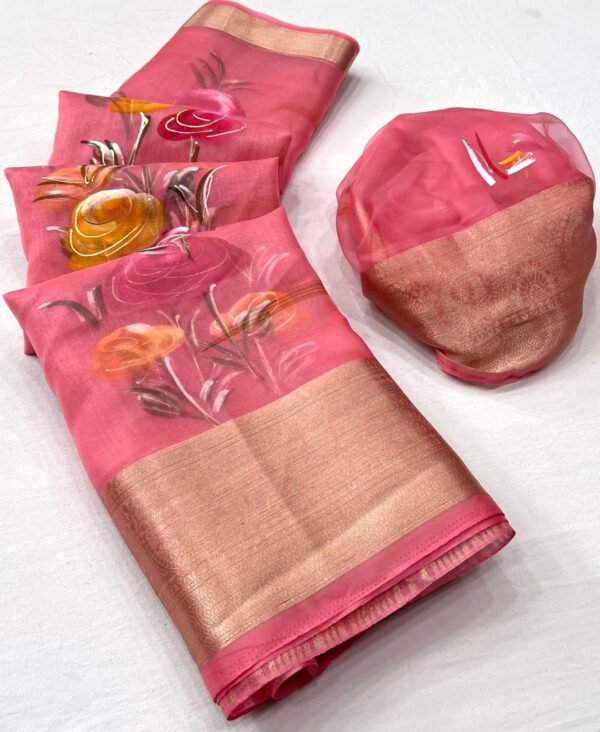 Gajari color organza silk saree with printed work - Image 2