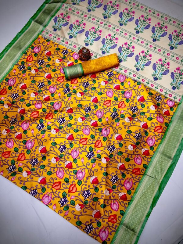 Mustard yellow color paithani silk saree with zari weaving work