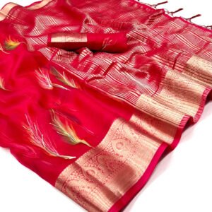 Pink color soft organza silk saree with foil printed work