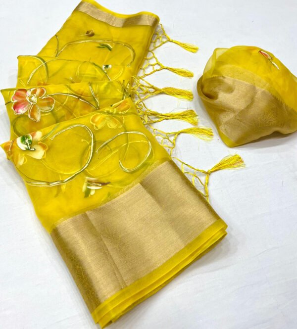 Yellow color soft organza silk saree with zari weaving work - Image 2