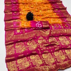 Orange and pink color hand bandhej silk saree with zari weaving work