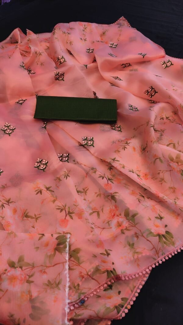 Baby pink color organza silk saree with digital printed work