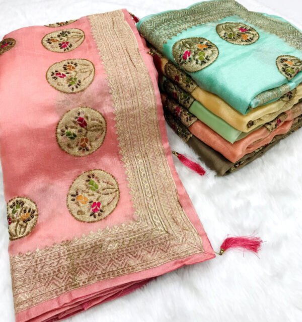 Baby pink color organza silk saree with moti work