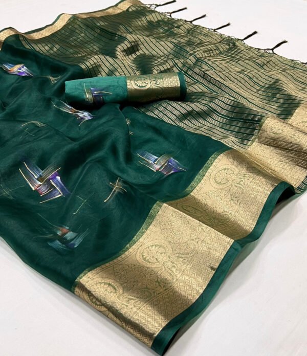 Bottle green color organza silk saree with digital printed work