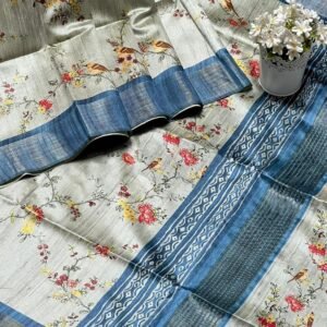 Navy blue color tussar silk saree with printed work