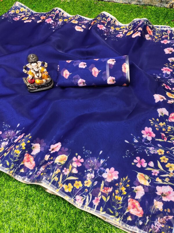 Royal blue color organza silk sare with digital printed work