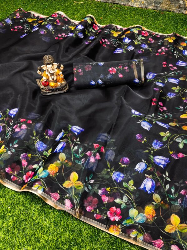 Black color organza silk saree with digital printed work