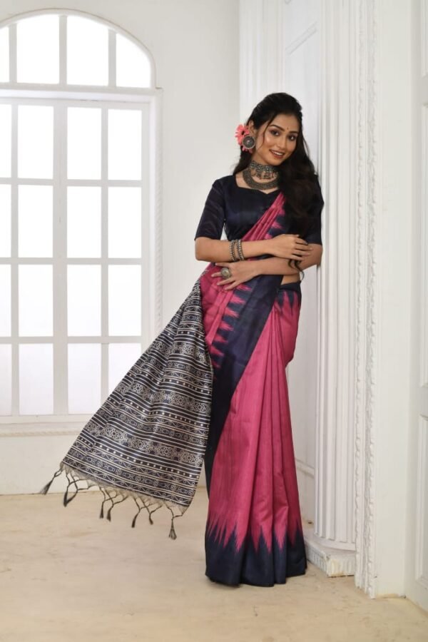 Rani pink color tussar silk saree with printed work - Image 2