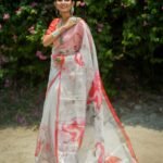 White color organza silk saree with digital printed work