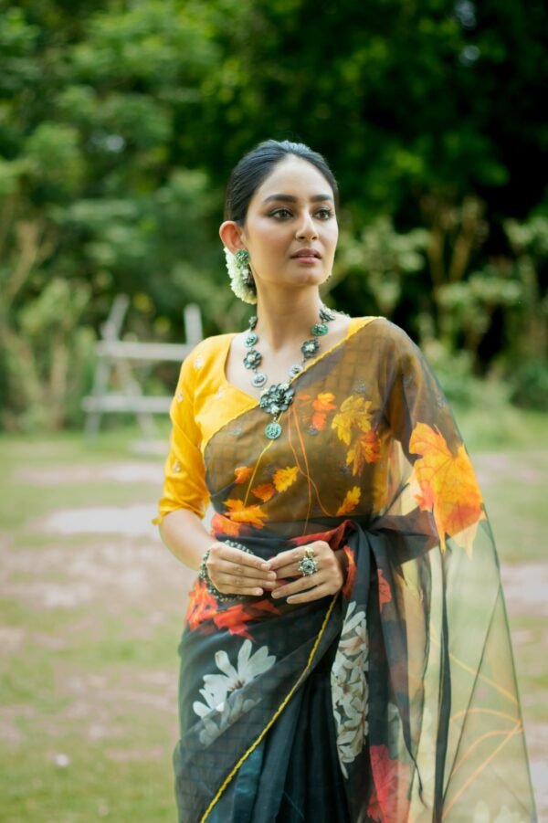 Black color organza silk saree with digital printed work - Image 2