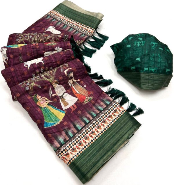 Magenta color soft cotton saree with digital printed work - Image 2