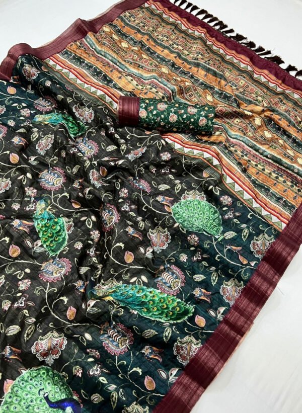 Black color soft cotton saree with digital printed work - Image 2