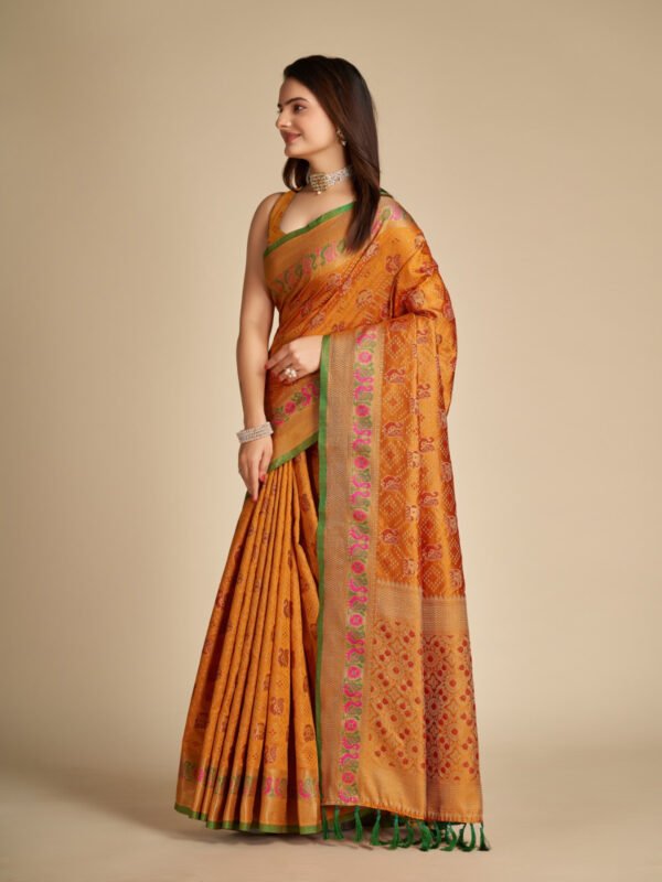 Orange color patola silk saree with weaving work - Image 2