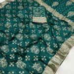 Bottle green color soft dola silk saree with zari weaving work