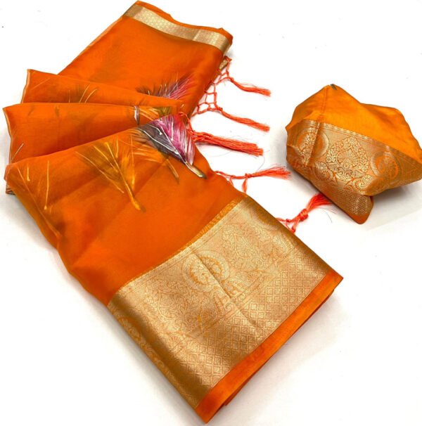 Orange color soft organza silk saree with foil printed work - Image 2