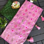 Baby pink color dola silk saree with zari woven work