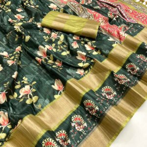 Bottle green color tussar silk saree with digital printed work