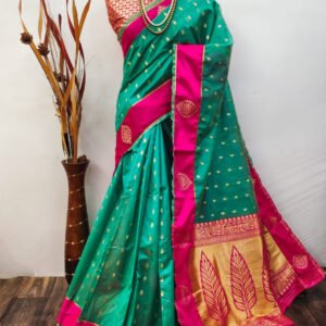 Sea green color soft organza silk saree with zari weaving work