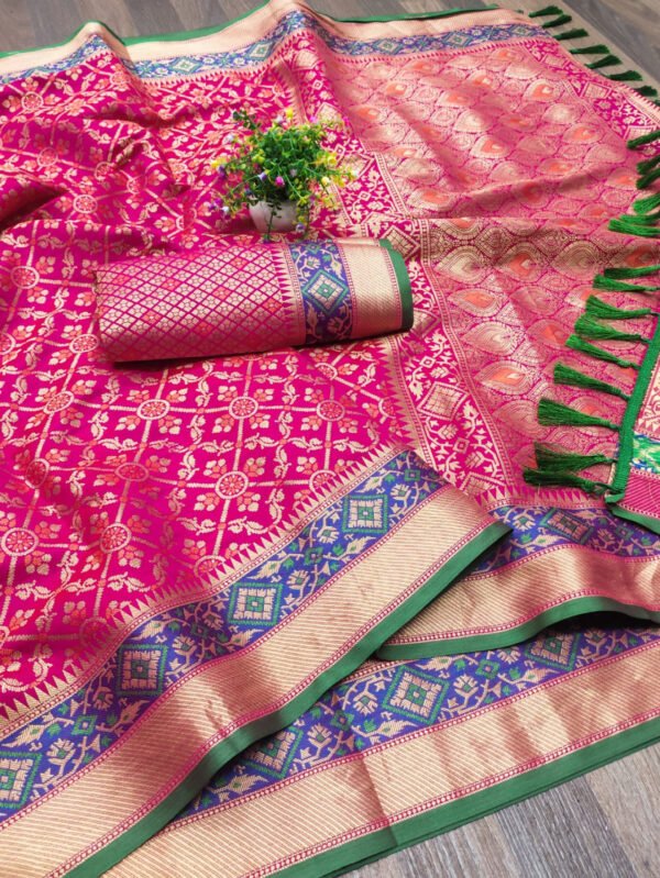 Pink color soft patola silk saree with zari weaving work