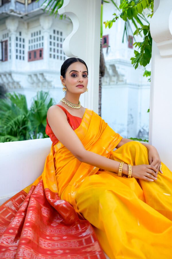 Yellow color soft tussar silk saree with zari weaving border - Image 2