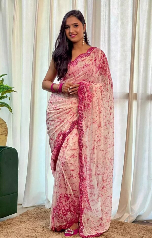 Baby pink color soft chiffon saree with printed work - Image 6
