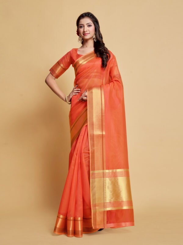 Peach color organza silk saree with zari weaving work