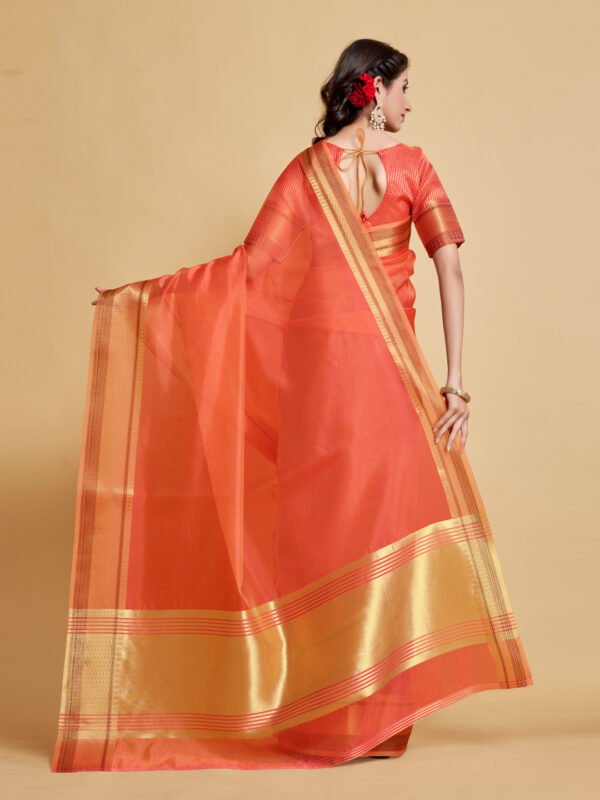 Peach color organza silk saree with zari weaving work - Image 4