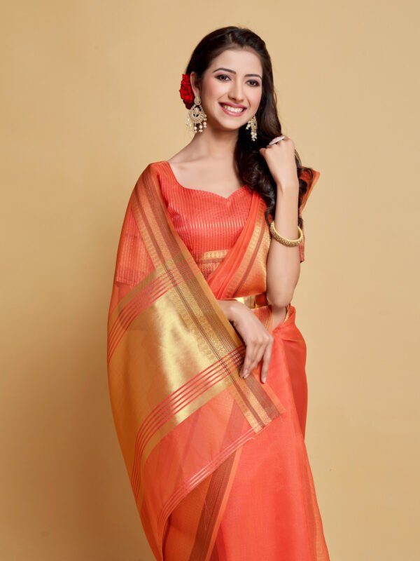 Peach color organza silk saree with zari weaving work - Image 5