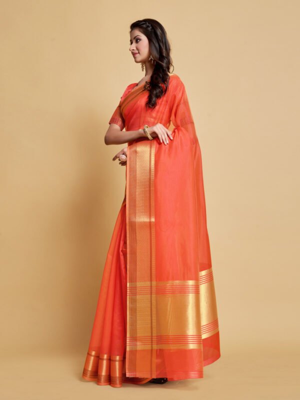 Peach color organza silk saree with zari weaving work - Image 6