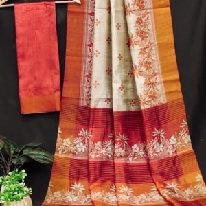 Red color tussar silk saree with digital printed work