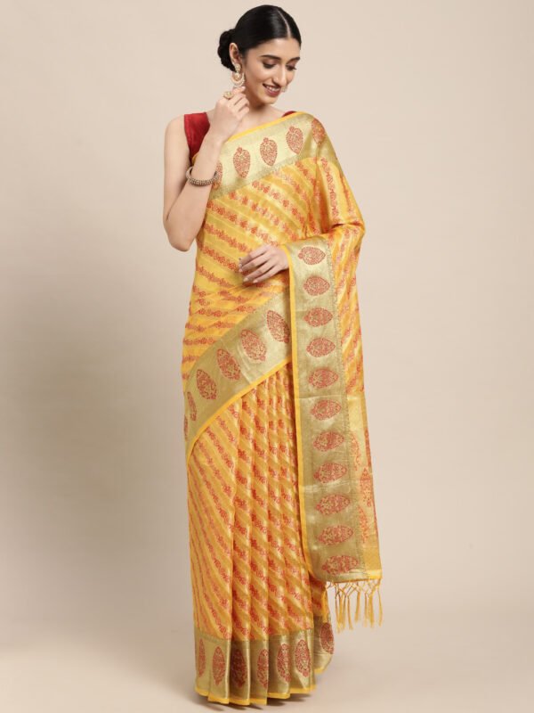 Yellow color organza silk saree with zari weaving work - Image 2