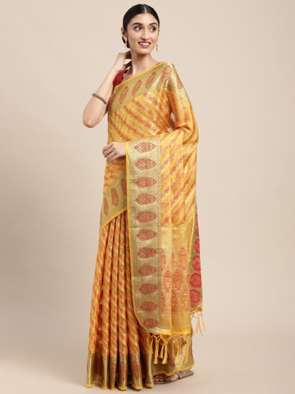Yellow color organza silk saree with zari weaving work - Image 3