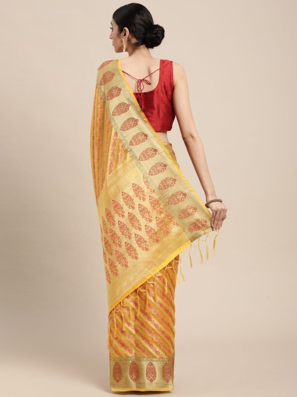 Yellow color organza silk saree with zari weaving work - Image 4
