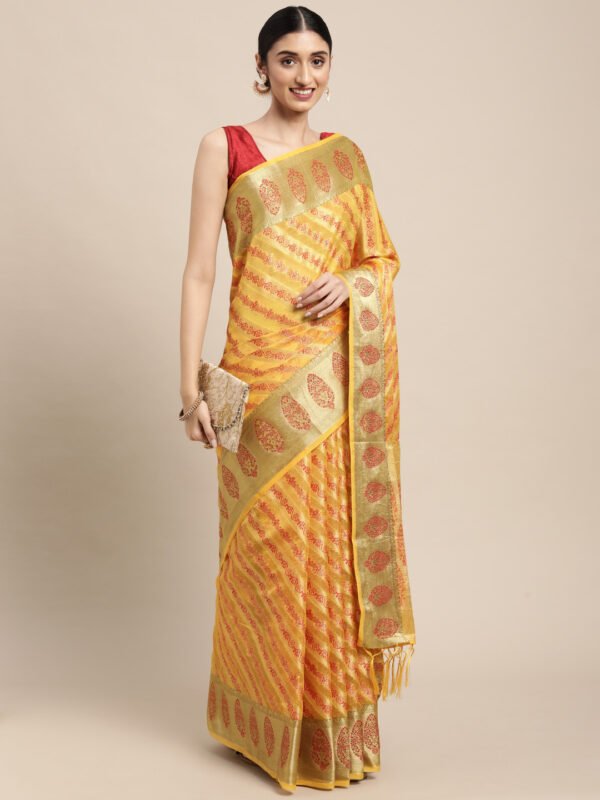 Yellow color organza silk saree with zari weaving work - Image 5
