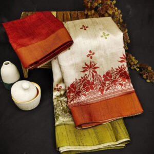 Orange color tussar silk saree with digital printed work