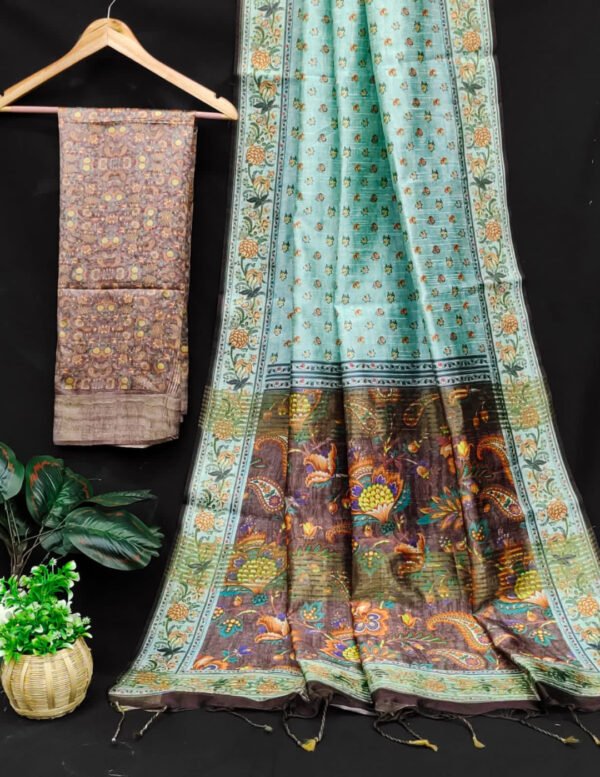 Sea green color tussar silk saree with floral digital printed work - Image 2
