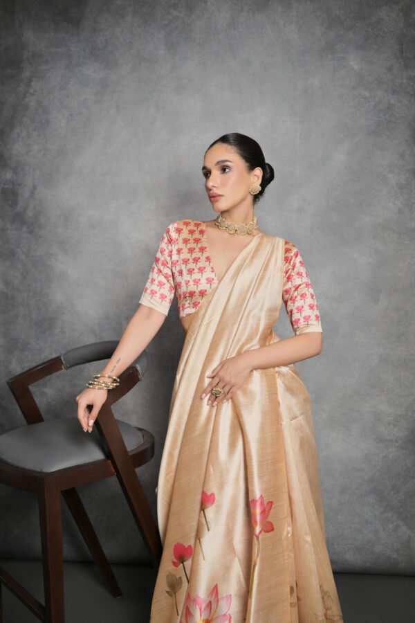Cream Digital printed tussar silk saree with flower design - Image 3