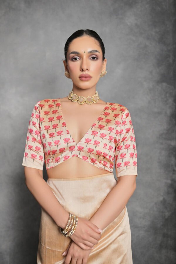 Cream Digital printed tussar silk saree with flower design - Image 4